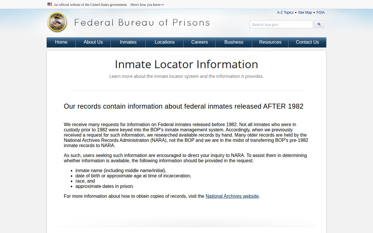 BOP federal release record scope for Mitchell County searches