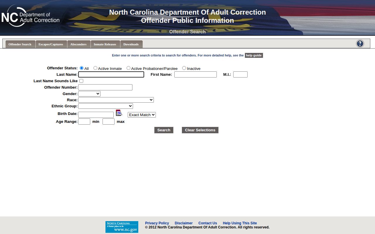 NCDAC search fields for Mitchell County released inmate records
